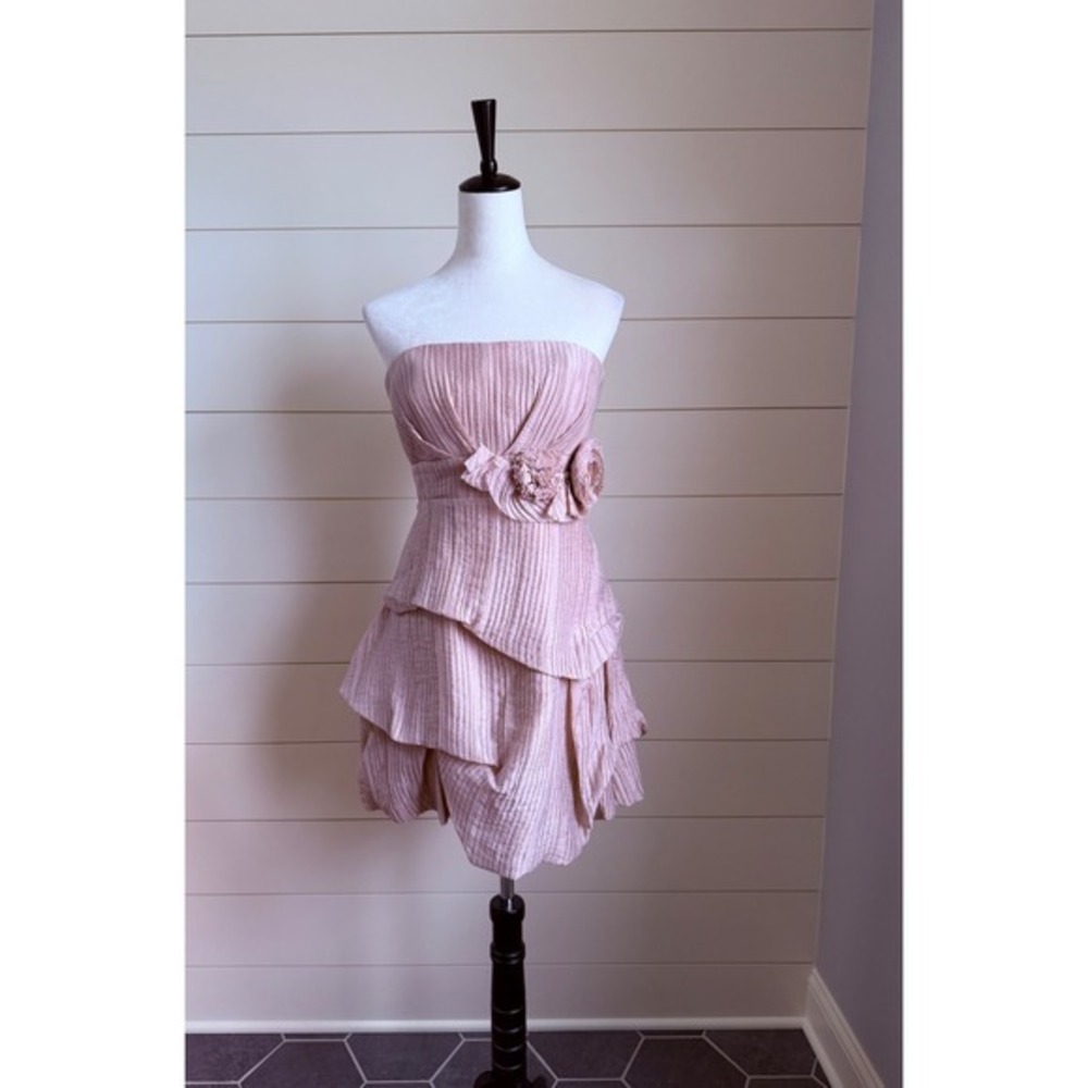 Max and Cleo Pink Strapless Rosette Tiered Metallic Mini Dress Size 4